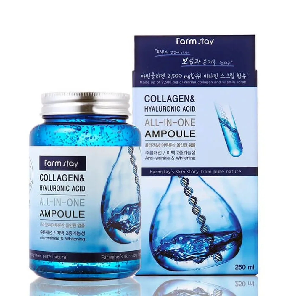 FarmStay Collagen & Hyaluronic Acid All-In-One Ampoule - Sérum multifonction au collagène et à l'acide hyaluronique, 250 ml