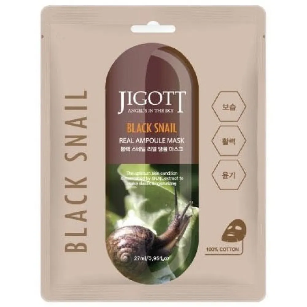 Jigott Black Snail Real Ampoule Mask - Masque en tissu pour le visage, 27 ml