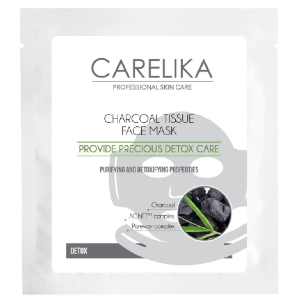CARELIKA Charcoal Tissue Face Mask Detox — Masque tissu visage nettoyant et détoxifiant au charbon, 23 ml