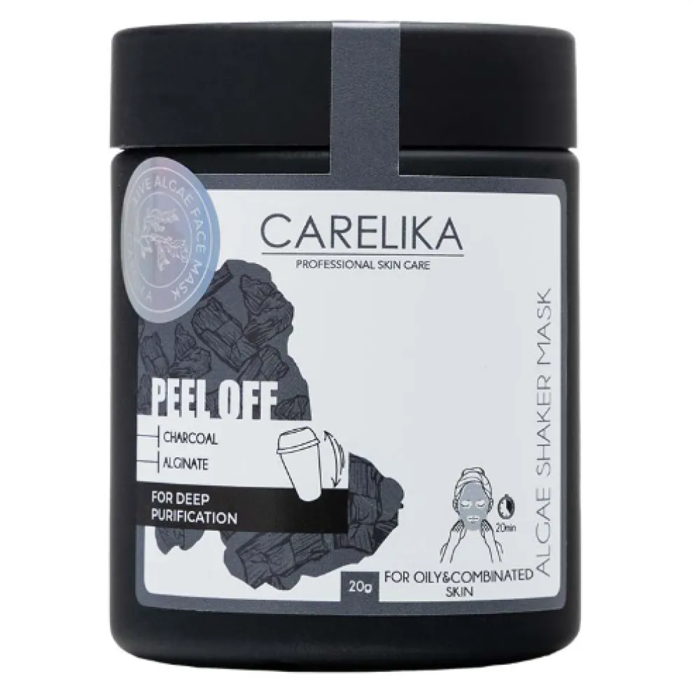 CARELIKA Shaker Peel-Off Mask Charcoal — Masque peel-off purifiant et détoxifiant au charbon, 20 g