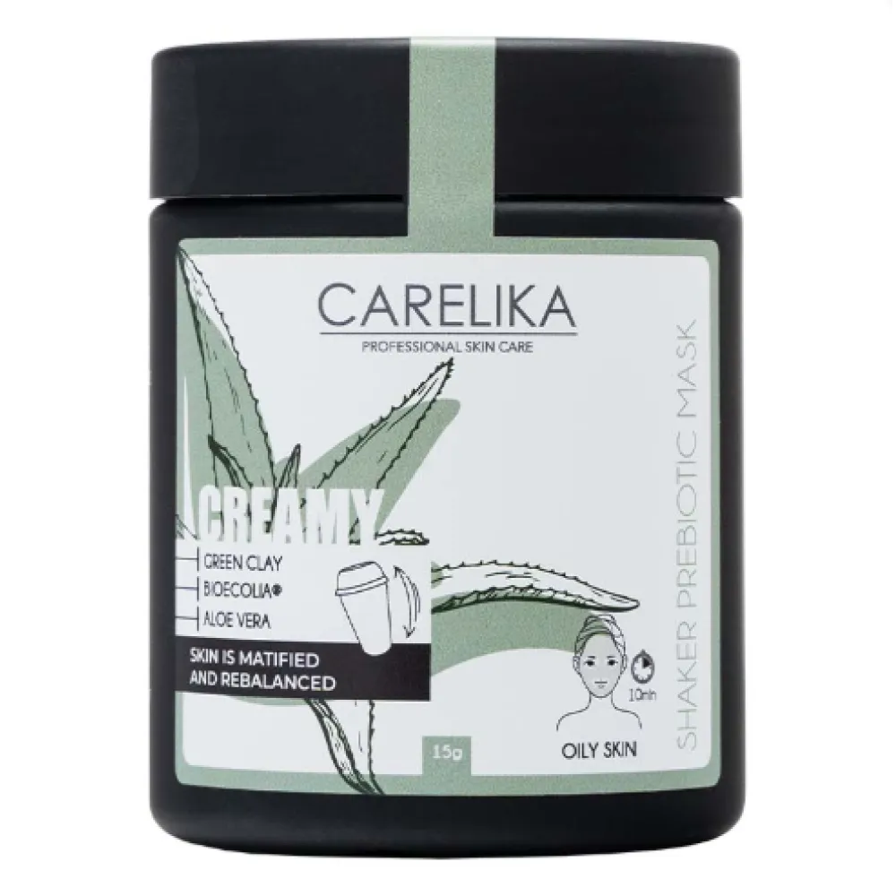 CARELIKA Shaker Masque Crème Prébiotique à l'Argile Verte — Masque crème matifiant aux prébiotiques et à l'argile verte, 15 g