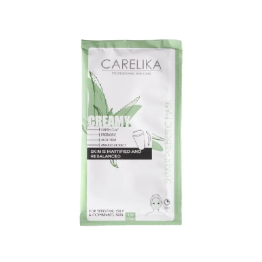 CARELIKA Shaker Masque Crème Prébiotique Argile Verte — Matifiant, 15 g