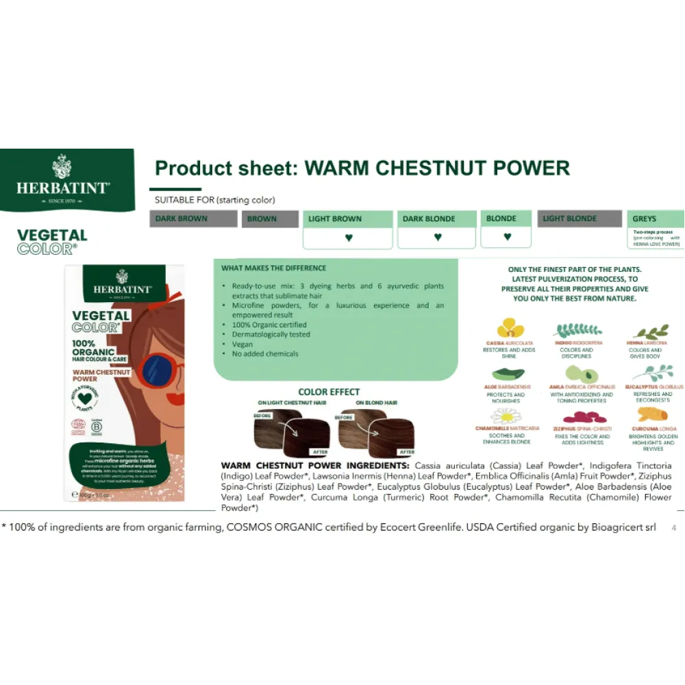 HERBATINT Vegetal Color – Coloration capillaire biologique (Châtain chaud intense / Brun)